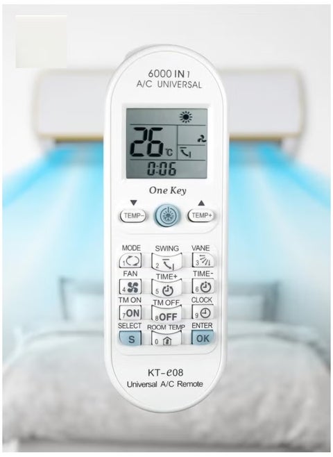 Universal Air Conditioner Remote Control – Compatible with TOSHIBA, PANASONIC, SANYO, FUJITSU & More | KT-e08 6000-in-1 One Key Series, Easy Setup & Full Functionality