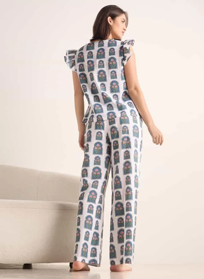 Splash FAV Printed Ruffle Sleeves Top and Pyjama Set