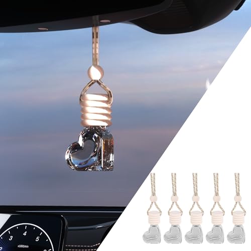 Couslcd 5PCS Hanging Car Air Freshener, Auto Interior Decoration 8 ml Oil Diffuser Perfume Aromatherapy Pendant Empty Glass Bottle, Fragrance Ornament with Vent Clip Wooden Cap and Rope (Heart) - Image 1