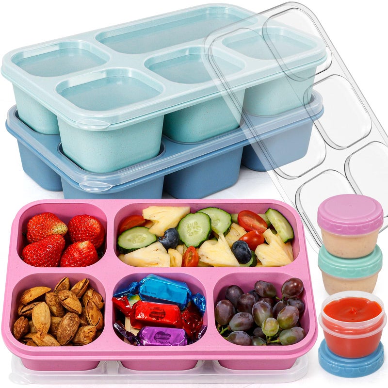 Caperci Bento Box Adult Lunchable Container - Reusable 3-Pack Snack Box Containers with 5-Compartment & 3pc Dressing Cups, BPA-Free Food Storage for Meal Prep, School, Work (Dark & Clear Lids) - Image 1