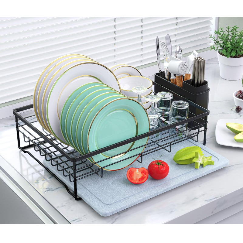 VABNEER Dish Drying Rack with Stone Drying Mat, Quick-Drying/Stainless/Super Sturdy/Space-Saving, Dish Strainers for Kitchen Counter, Escurridor de Trastes para Cocina (Black) - Image 1