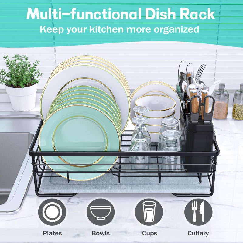 VABNEER Dish Drying Rack with Stone Drying Mat, Quick-Drying/Stainless/Super Sturdy/Space-Saving, Dish Strainers for Kitchen Counter, Escurridor de Trastes para Cocina (Black) - Image 3