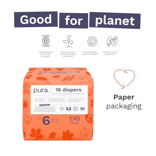 Pura Size 6 Eco-Friendly Diapers (29+ lbs) Hypoallergenic, Soft Organic Cotton, Sustainable, up to 12 Hours Leak Protection, Allergy UK, Recyclable Paper Packaging, 18 Count (Pack of 3) (54 Diapers) - Image 4