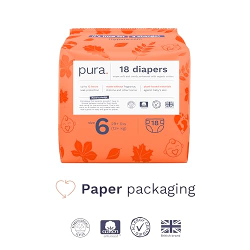 Pura Size 6 Eco-Friendly Diapers (29+ lbs) Hypoallergenic, Soft Organic Cotton, Sustainable, up to 12 Hours Leak Protection, Allergy UK, Recyclable Paper Packaging, 18 Count (Pack of 3) (54 Diapers) - Image 2