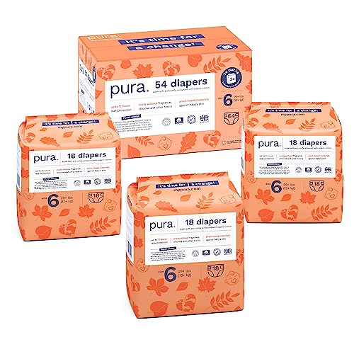 Pura Size 6 Eco-Friendly Diapers (29+ lbs) Hypoallergenic, Soft Organic Cotton, Sustainable, up to 12 Hours Leak Protection, Allergy UK, Recyclable Paper Packaging, 18 Count (Pack of 3) (54 Diapers) - Image 1