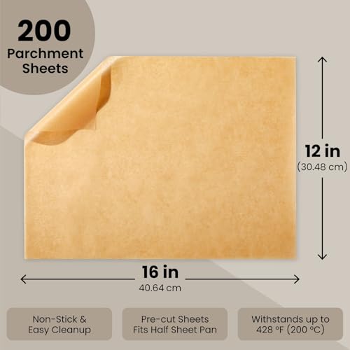 Juvale Parchment Paper Sheets - 200 Pack, 12 x 16 in, Unbleached Brown - Nonstick Half Sheet Pan Liners & Parchment Paper for Baking - Disposable Air Fryer Liners for Grilling & Steaming - Image 4