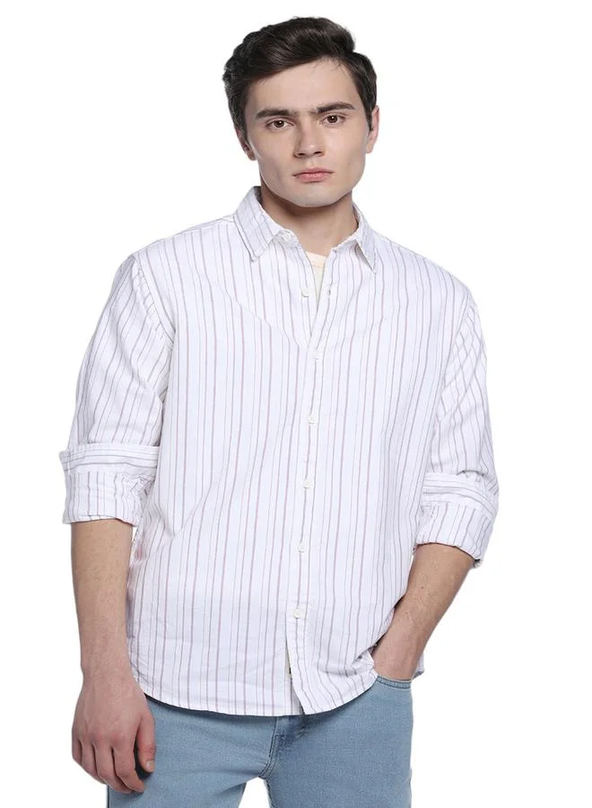 Dennis Lingo Pink Slim Fit Striped Shirt for Men - Cotton, Full Sleeves, Spread Collar, Casual