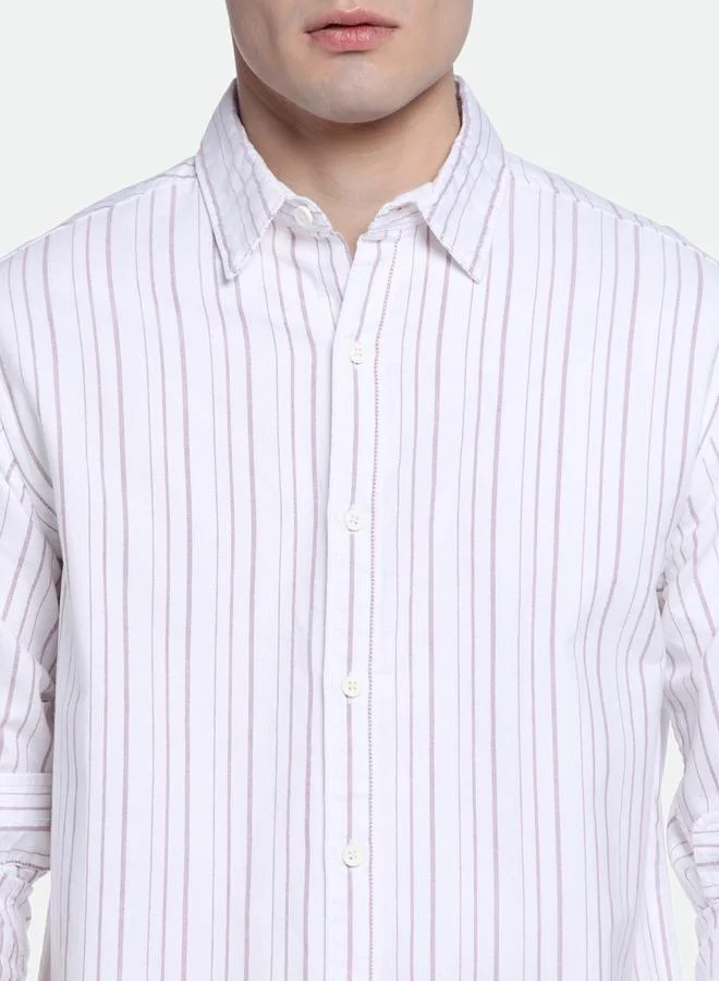 Dennis Lingo Pink Slim Fit Striped Shirt for Men - Cotton, Full Sleeves, Spread Collar, Casual