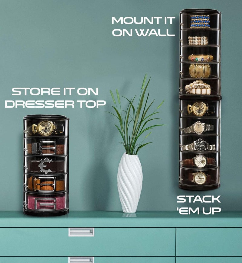 ELYPRO - Acrylic Belt Organizer, Rotating Drawer Storage for Belts, Jewelry, Makeup & Accessories – Transparent, Stackable, Wall-Mountable Design for Closet, Dresser, Vanity – Design Patent Protected - Image 3