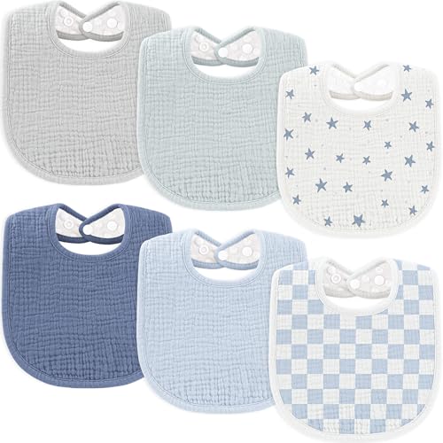 Susurration Muslin Baby Bibs 6 Pack Bandana Drool Bibs,Soft Square Adjustable Baby Drooling Bibs for Unisex Girls & Boys (Blue Star) - Image 1