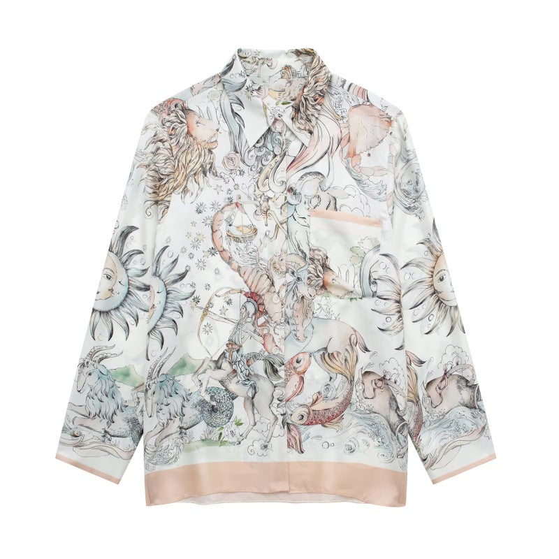 2023 Summer Satin Print Loose Womens Shirt  Pants Set 8458 FLOT SHIRT
