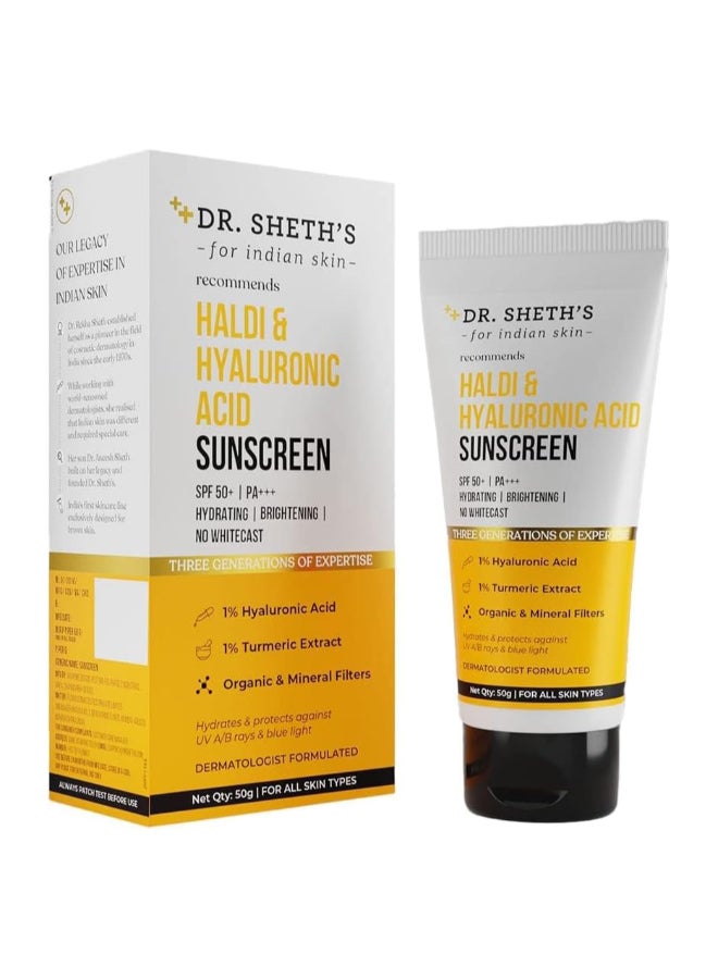 Dr. Sheth's Haldi & Hyaluronic Acid Sunscreen - SPF 50+, PA+++, Hydrates Skin, 50 g - Image 1