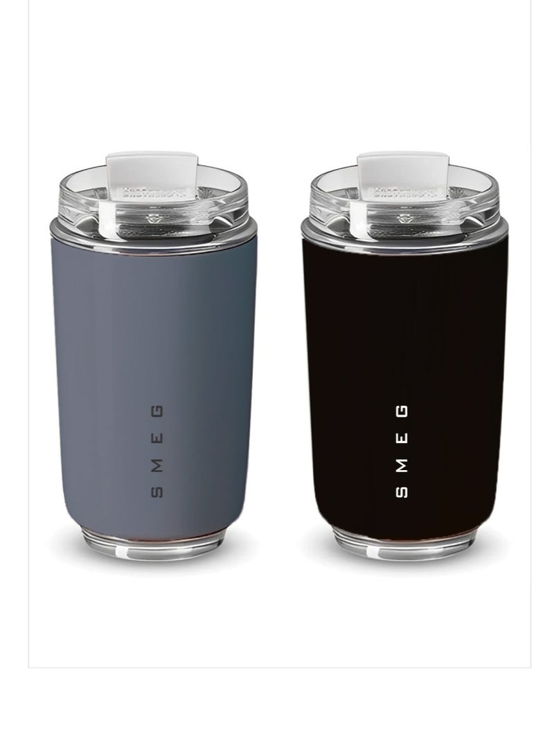 smeg كوب سفر، كوب قهوة معزول، كوب قهوة حراري من الفولاذ المقاوم للصدأ قابل لإعادة الاستخدام، حاوية مشروبات خفيفة ومحمولة للمكتب والسفر، (عبوة من 2 قطعة، أسود ورمادي) - Image 1
