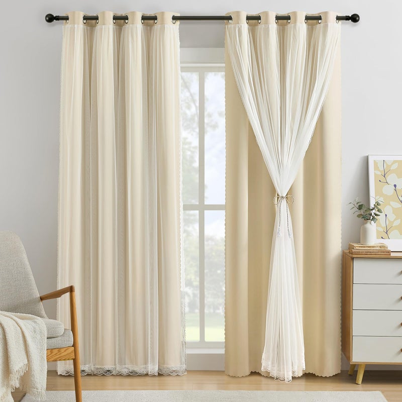 XiDi Beige Blackout Curtains with Sheer Overlay for Living Room Bedroom 63 Inches Long 2 Panels Mix & Match Double Layer Thermal Insulated Beige Window Drapes with Tiebacks Grommet Top W34 x L63 - Image 1