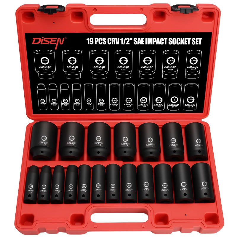 DISEN 19 Pcs 12 SAE Impact Socket Set Deep Sockets 38 112 6Point CrV Alloy Steel 12 Inches Drive Impact Socket SetRugged Construction Enhanced Storage Case
