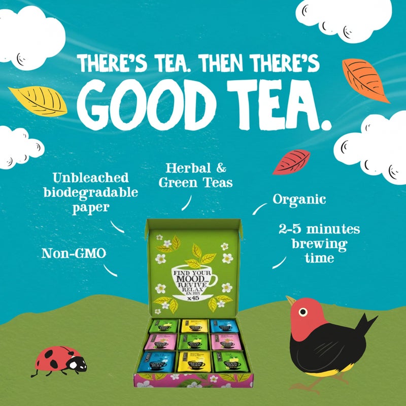 شاي كليبر: مجموعة شاي أعشاب و شاي أخضر عضوي، صندوق هدايا - مجموعة شاي و عينة مع 5 نكهات تشمل الليمون، الزنجبيل، وشاي وقت النوم - أكياس شاي متنوعة في صندوق شاي ملون، 45 كيس شاي غير مبيض - Image 2