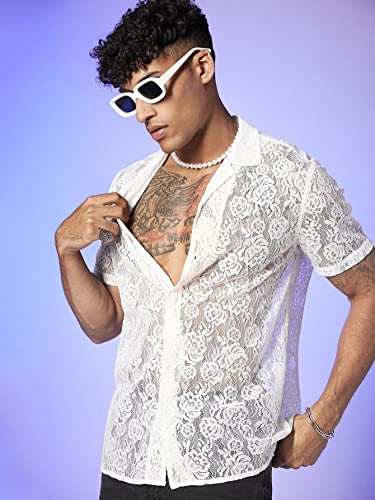 WDIRARA Men's Floral Lace See Through Button Front Short Sleeve Shirt Summer Tee Top White S - Image 4