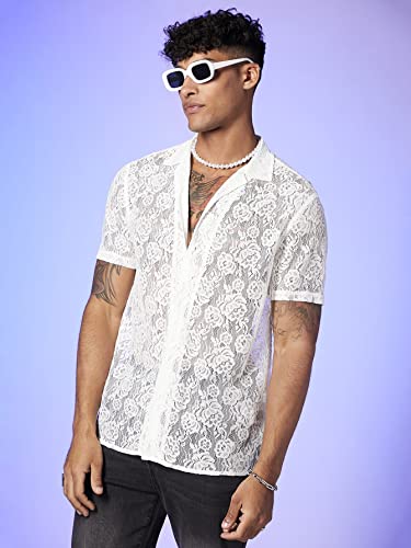 WDIRARA Men's Floral Lace See Through Button Front Short Sleeve Shirt Summer Tee Top White S - Image 5