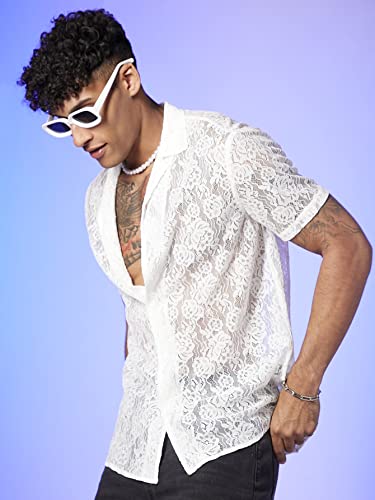 WDIRARA Men's Floral Lace See Through Button Front Short Sleeve Shirt Summer Tee Top White S - Image 3