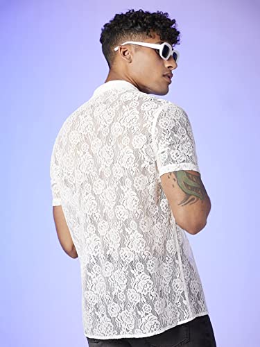 WDIRARA Men's Floral Lace See Through Button Front Short Sleeve Shirt Summer Tee Top White S - Image 2