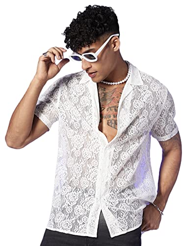 WDIRARA Men's Floral Lace See Through Button Front Short Sleeve Shirt Summer Tee Top White S - Image 1