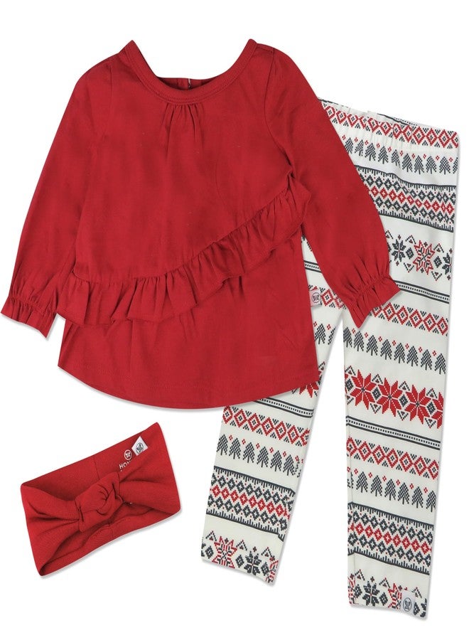 HonestBaby 3-Piece Ruffle Top, Legging and Headband Set 100% Organic Cotton for Baby and Toddler Girls, Fairisle Ivory, 18 Months - Image 1