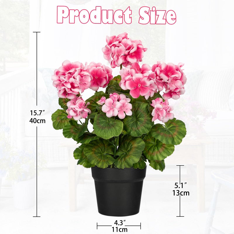 Briful Artificial Geranium Potted Plant â€“ 16â€ Tall, Realistic Silk Flowers with Vibrant Green Leaves, Pink White Geraniums Fake Flowers for Outdoors Home DÃ©cor, Wedding Farmhouse Office Tables Decor - Image 2