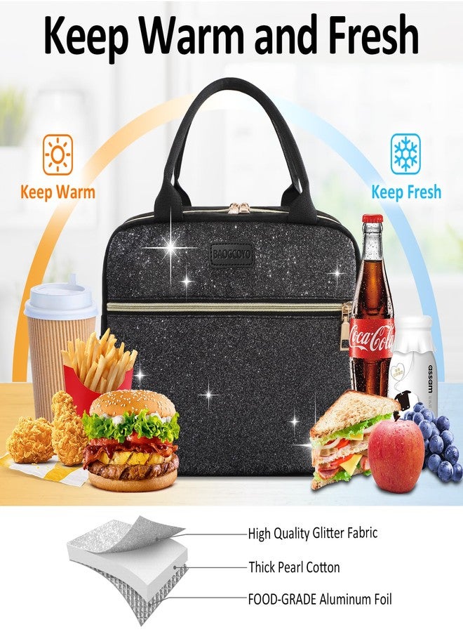 BAOGCOYO Lunch Bag For Women, Leakproof Glitter Lunch Box, Cute Lunch Tote Bag Adult, Large Capacity Insulated Reusable Cooler Lunch Containers for Work Travel Picnic or Office (Black Bling Sparkle) - Image 4