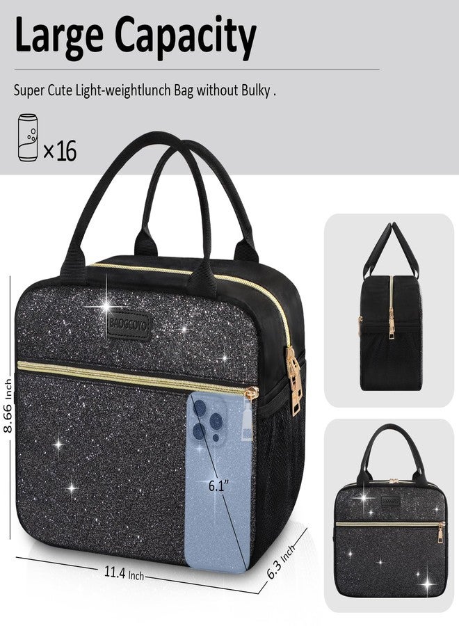 BAOGCOYO Lunch Bag For Women, Leakproof Glitter Lunch Box, Cute Lunch Tote Bag Adult, Large Capacity Insulated Reusable Cooler Lunch Containers for Work Travel Picnic or Office (Black Bling Sparkle) - Image 2