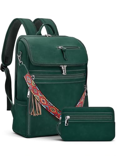SYTRAH Leather Laptop Backpack for Women Designer Laptop Bag 165 inch Travel Computer Backpacks Purse with Tassel for Work Business with Satchel Purse Green - Image 1