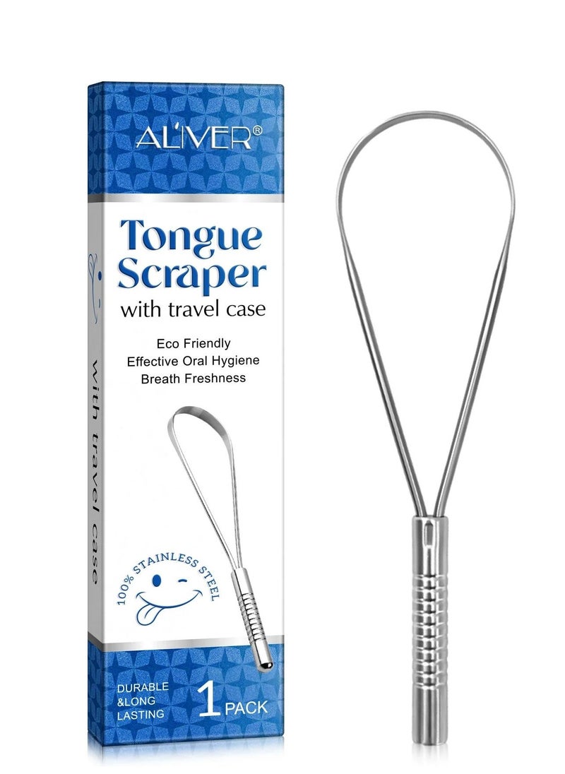 ALIVER 1pack Tongue Scraper Stainless Steel Tongue Cleaners with Travel Box Tongue Cleaner Tool for Oral Hygiene Fresh Breath Reduce Bad Breath Reusable Tongue Scrapers for Adults Silver  - Image 1
