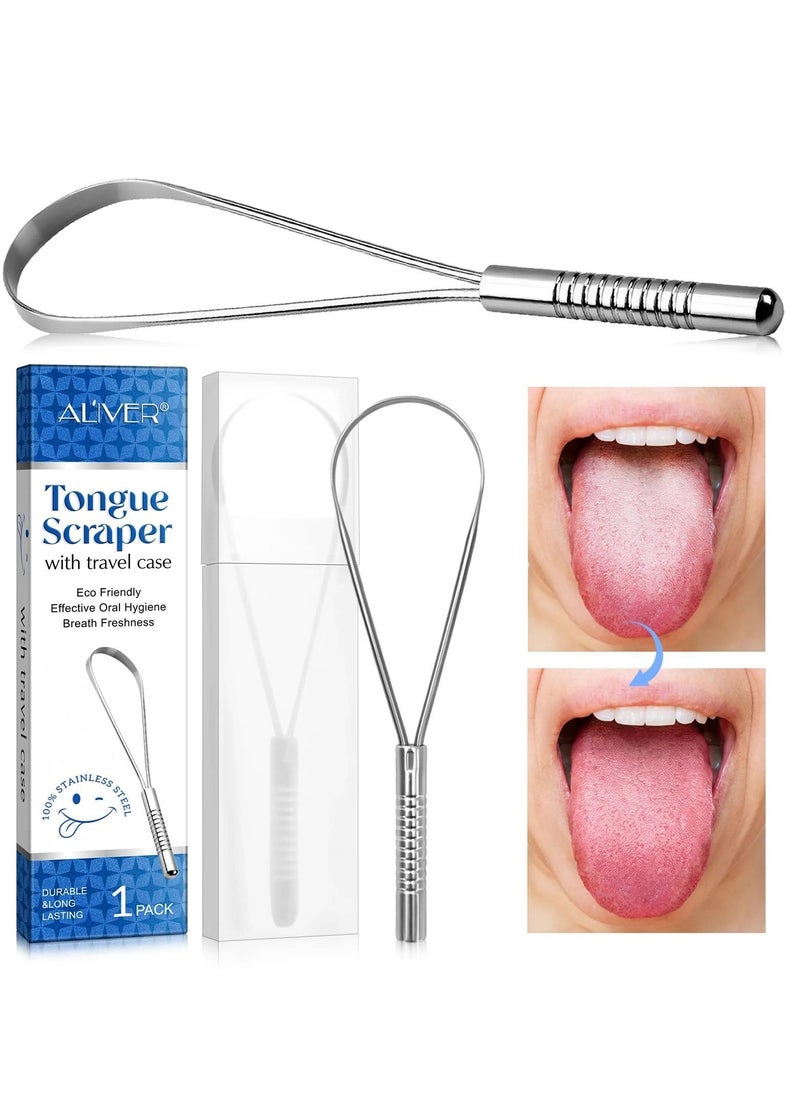 ALIVER 1pack Tongue Scraper Stainless Steel Tongue Cleaners with Travel Box Tongue Cleaner Tool for Oral Hygiene Fresh Breath Reduce Bad Breath Reusable Tongue Scrapers for Adults Silver  - Image 2