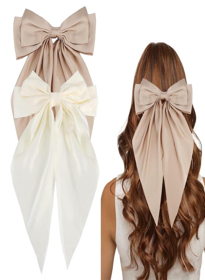 SALOCY Satin Bows Big Hair Bows - Beige, White, Khaki Oversized Hair Ribbon Bows - Coquette Bow Women's Hair Accessories, 2 PCS - Image 1