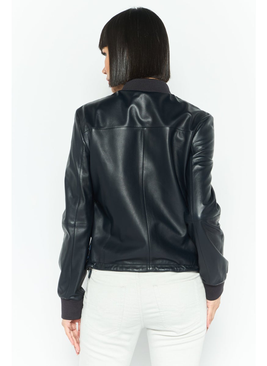EMPORIO ARMANI Women Textured Motorcycle Jacket, Navy  - Image 4