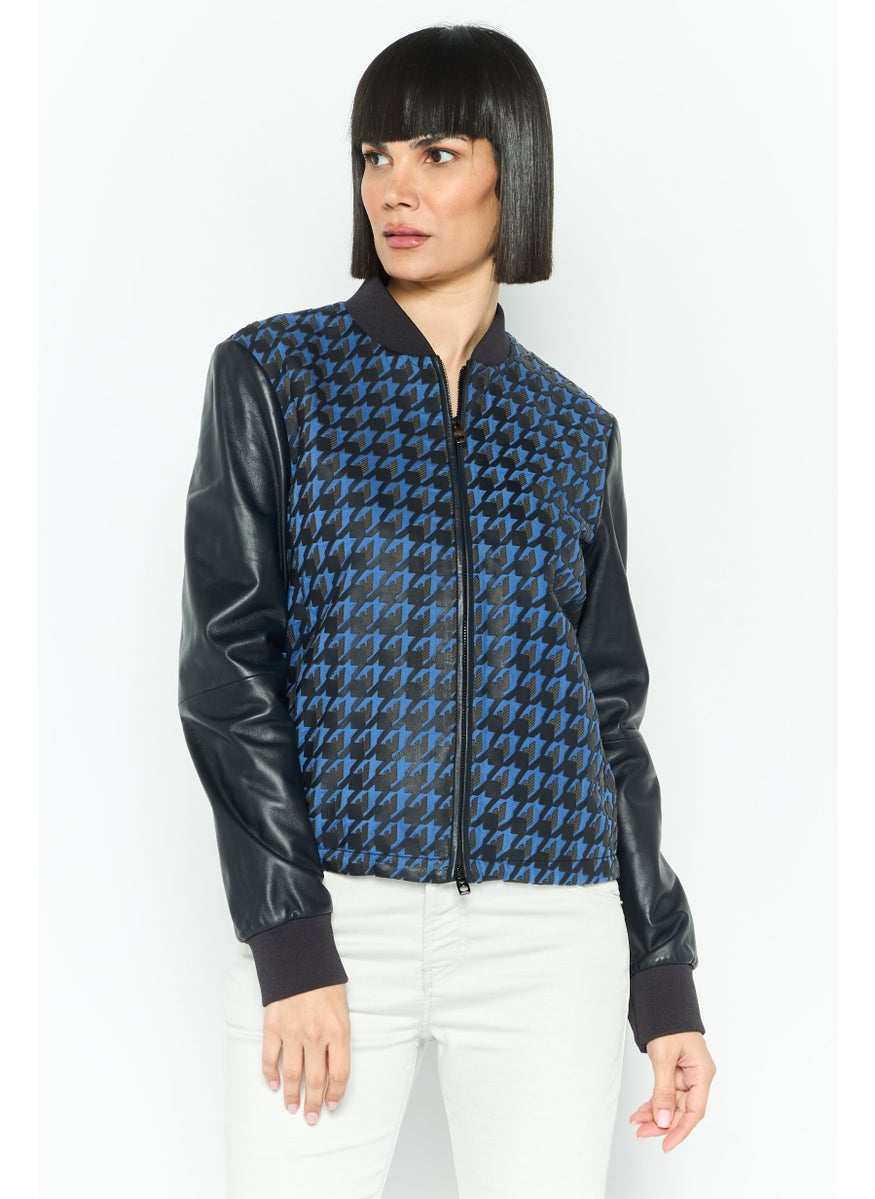 EMPORIO ARMANI Women Textured Motorcycle Jacket, Navy  - Image 1