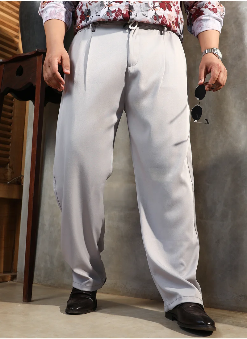 انستافاب بلس Instafab Plus Men's Cloud Grey Straight Pleated Trousers For Casual Wear | Mid-Rise | Straight Fit | Drawstring Closure | Plus Size Trousers Crafted With Comfort Fit For Everyday Wear