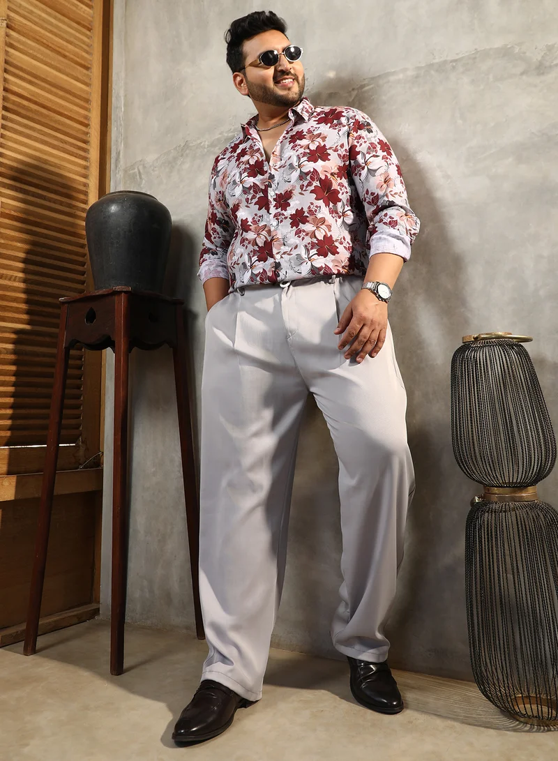 Instafab Plus Instafab Plus Men's Cloud Grey Straight Pleated Trousers For Casual Wear | Mid-Rise | Straight Fit | Drawstring Closure | Plus Size Trousers Crafted With Comfort Fit For Everyday Wear