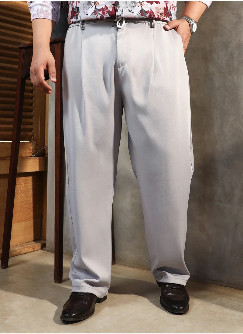 انستافاب بلس Instafab Plus Men's Cloud Grey Straight Pleated Trousers For Casual Wear | Mid-Rise | Straight Fit | Drawstring Closure | Plus Size Trousers Crafted With Comfort Fit For Everyday Wear