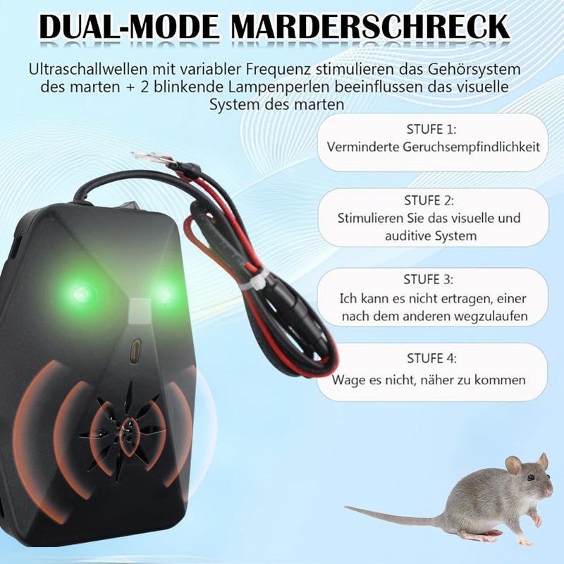 Abnaok Marten deterrent car, 2 modes with multi-frequency ultrasound and flash light, efficient long-term marten defense, 12 V car battery, automatic marten repellent device for engine compartments (1 - Image 2