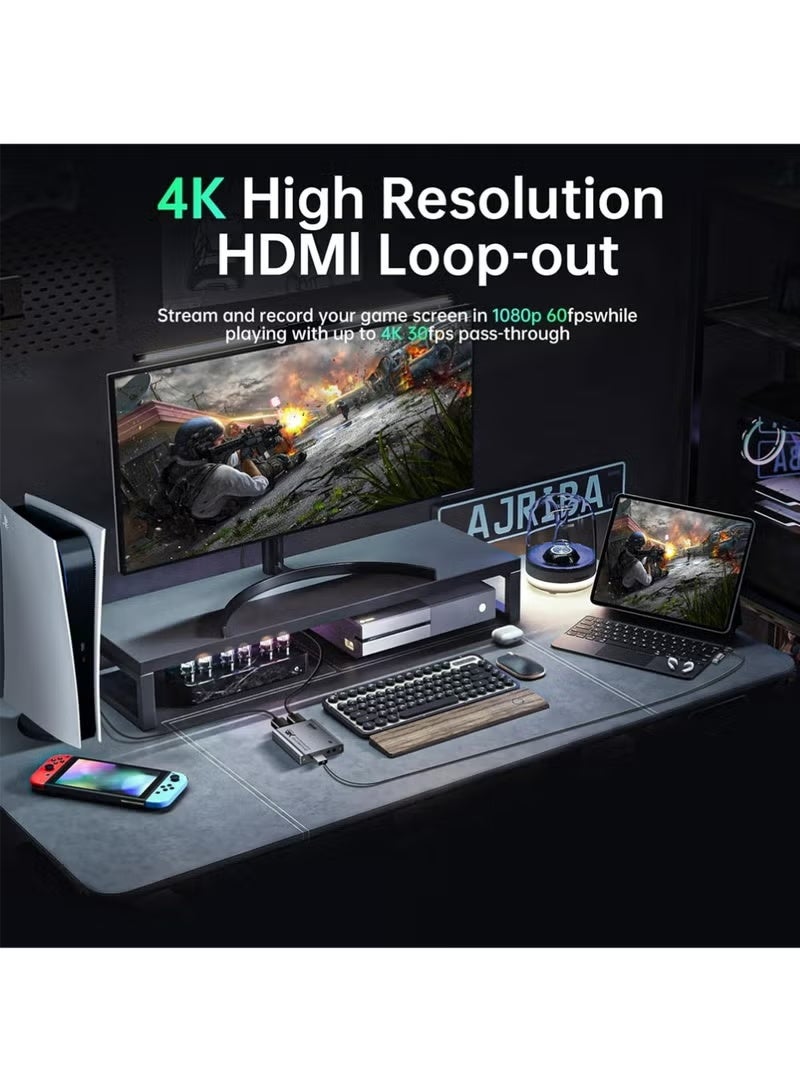 إكس ليفيل بطاقة التقاط الفيديو، بطاقة التقاط الصوت والفيديو، بطاقة التقاط USB 3.0 بدقة 4K مع خرج حلقي HDMI، دقة 1080P بمعدل 60 إطارًا في الثانية/2K بمعدل 30 إطارًا في الثانية، مخصصة لتسجيل الألعاب البصرية للبث المباشر، تعمل مع PS5 وNintendo Switch والكاميرات والحاسوب الشخصي - Image 3
