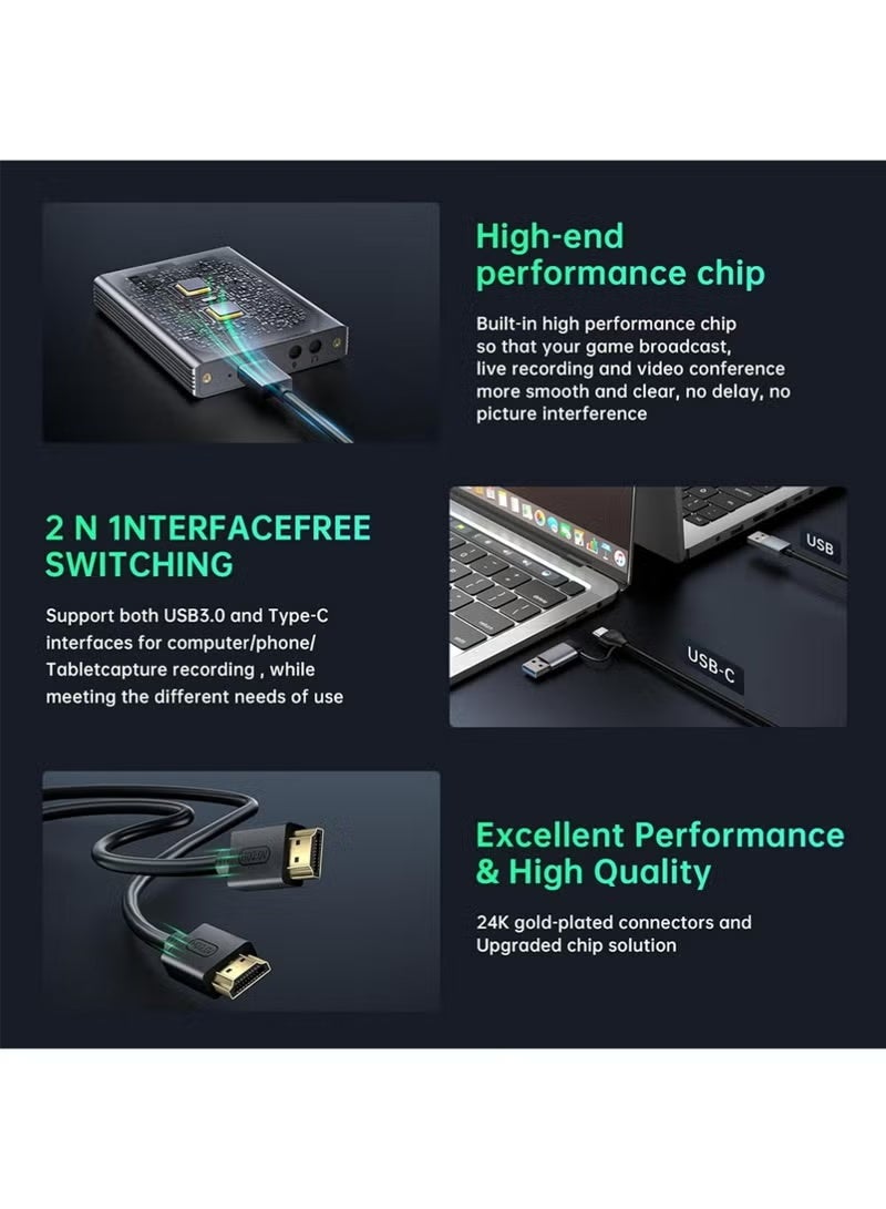 إكس ليفيل بطاقة التقاط الفيديو، بطاقة التقاط الصوت والفيديو، بطاقة التقاط USB 3.0 بدقة 4K مع خرج حلقي HDMI، دقة 1080P بمعدل 60 إطارًا في الثانية/2K بمعدل 30 إطارًا في الثانية، مخصصة لتسجيل الألعاب البصرية للبث المباشر، تعمل مع PS5 وNintendo Switch والكاميرات والحاسوب الشخصي - Image 4