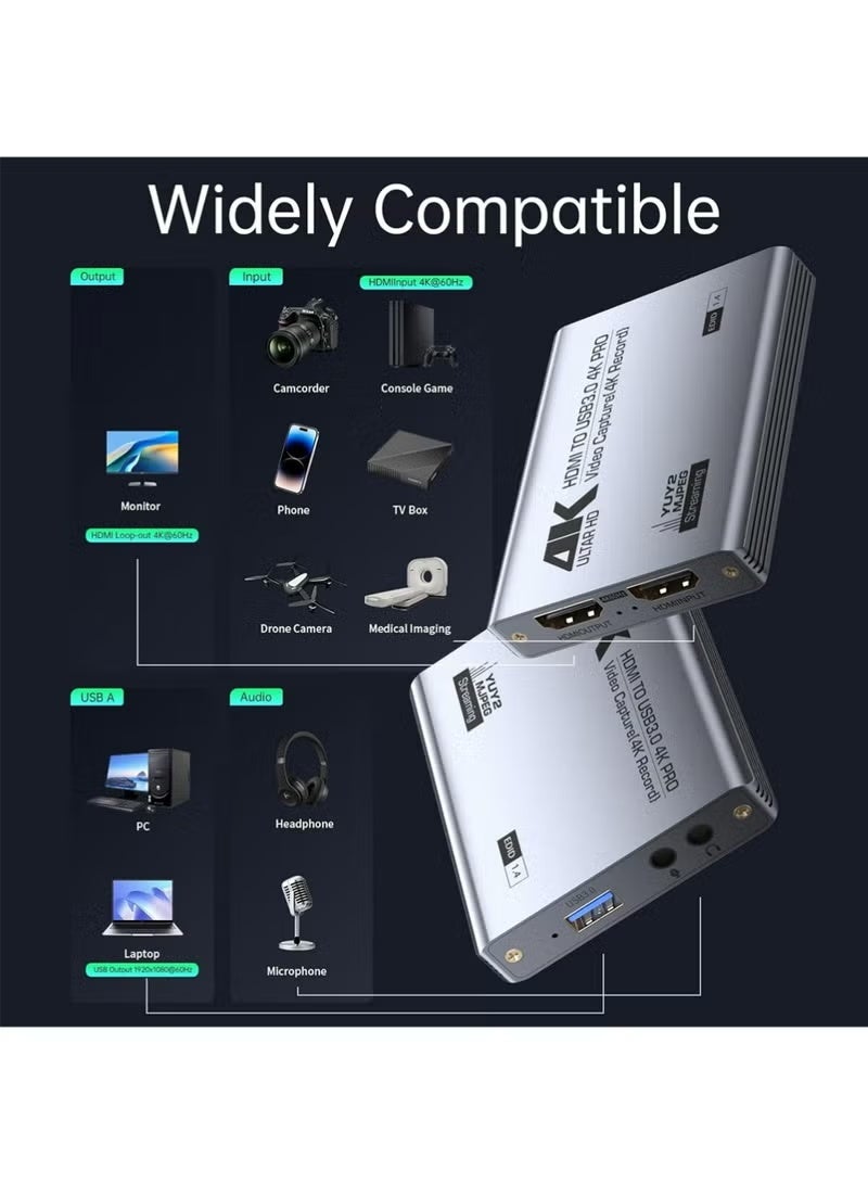 إكس ليفيل بطاقة التقاط الفيديو، بطاقة التقاط الصوت والفيديو، بطاقة التقاط USB 3.0 بدقة 4K مع خرج حلقي HDMI، دقة 1080P بمعدل 60 إطارًا في الثانية/2K بمعدل 30 إطارًا في الثانية، مخصصة لتسجيل الألعاب البصرية للبث المباشر، تعمل مع PS5 وNintendo Switch والكاميرات والحاسوب الشخصي - Image 2