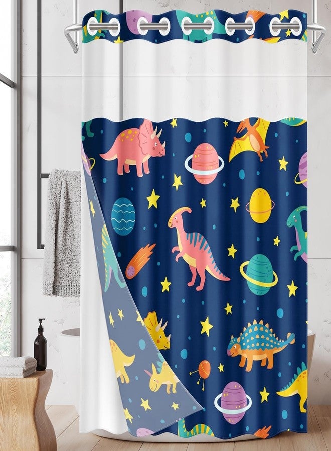 Nesphy No Hook Funny Space Dinosaurs Shower Curtain with Snap in Fabric Liner Set, Waterproof with See Through Mesh Top Window, Cute Monster Kids Cartoon Bath Curtain 71x74 Inch - Image 1