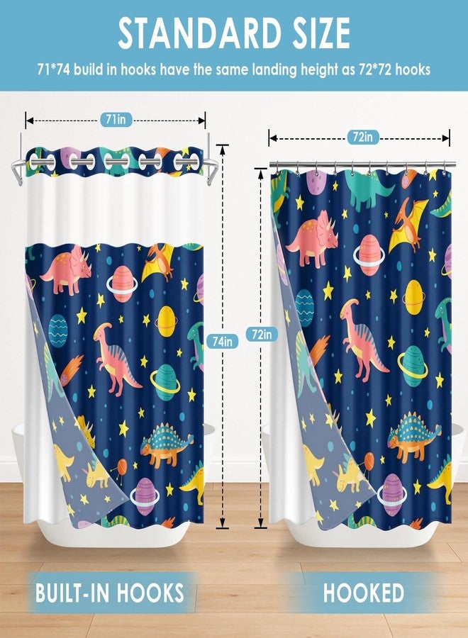 Nesphy No Hook Funny Space Dinosaurs Shower Curtain with Snap in Fabric Liner Set, Waterproof with See Through Mesh Top Window, Cute Monster Kids Cartoon Bath Curtain 71x74 Inch - Image 2