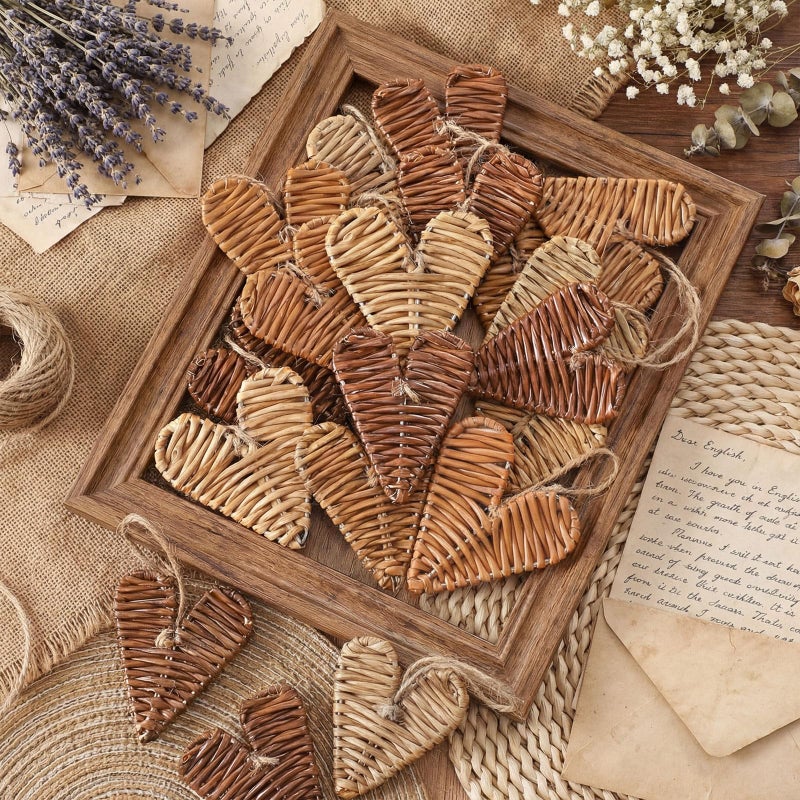Vercraft 24 Pcs Neutral Valentines Day Heart Ornaments Rattan Wicker Heart Ornaments 3.15 Inch Rustic Farmhouse Valentines Day Vase Bowl Fillers Boho Decorations for Tree Home Wedding Table Craft - Image 4