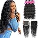 Aatifa Brazilian Deep Wave Human Hair 3 Bundles with Closure Unprocessed Virgin Human Hair Deep Curly Bundles with Free Part Lace Closure Natural Black, (12/14/16+10 Inch) - Image 2