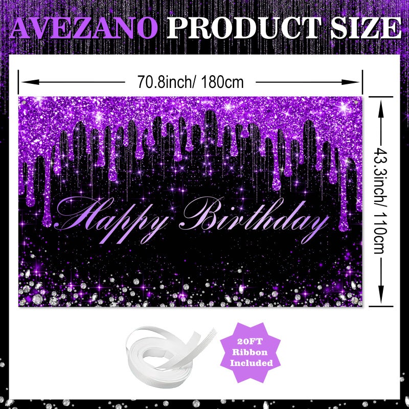 Avezano Purple Happy Birthday Banner for Women Girls Purple and Black Happy Birthday Party Decorations Glitter Diamonds Sweet 16 18th 21th B-day Party Supplies 70.8 x 43.3 Inch - Image 3