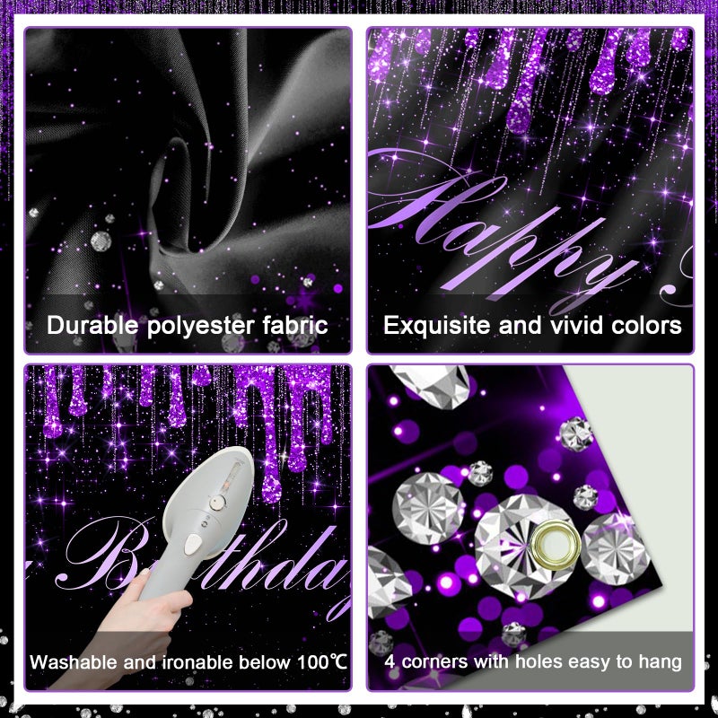 Avezano Purple Happy Birthday Banner for Women Girls Purple and Black Happy Birthday Party Decorations Glitter Diamonds Sweet 16 18th 21th B-day Party Supplies 70.8 x 43.3 Inch - Image 4