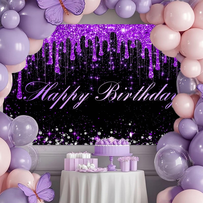 Avezano Purple Happy Birthday Banner for Women Girls Purple and Black Happy Birthday Party Decorations Glitter Diamonds Sweet 16 18th 21th B-day Party Supplies 70.8 x 43.3 Inch - Image 2
