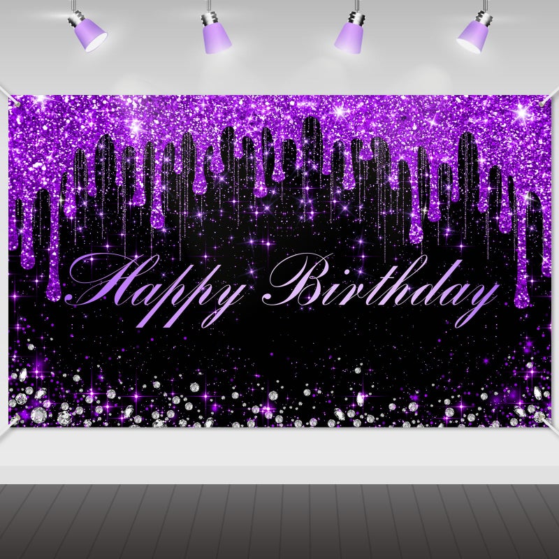 Avezano Purple Happy Birthday Banner for Women Girls Purple and Black Happy Birthday Party Decorations Glitter Diamonds Sweet 16 18th 21th B-day Party Supplies 70.8 x 43.3 Inch - Image 1